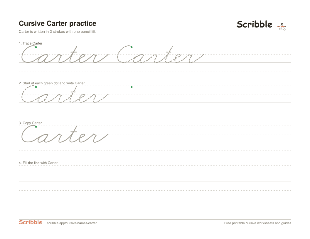 Preview of the printable Carter in cursive worksheet: trace, copy, and practice rows