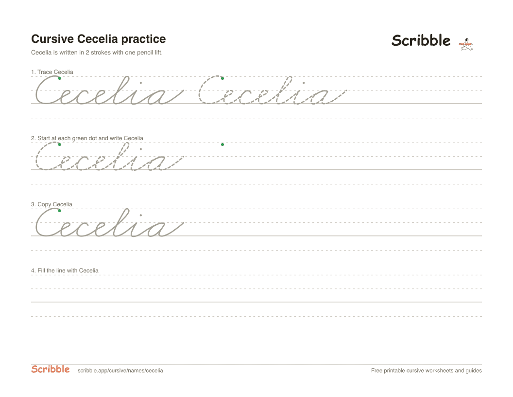 Preview of the printable Cecelia in cursive worksheet: trace, copy, and practice rows