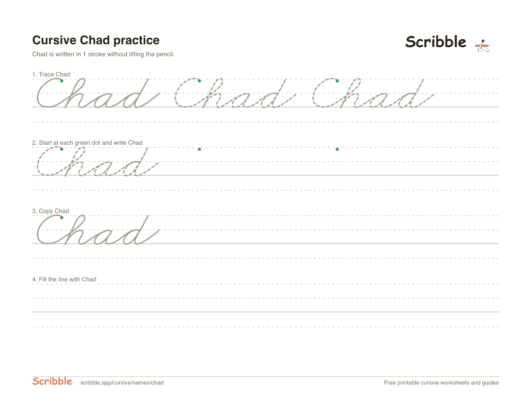 Preview of the printable Chad in cursive worksheet: trace, copy, and practice rows