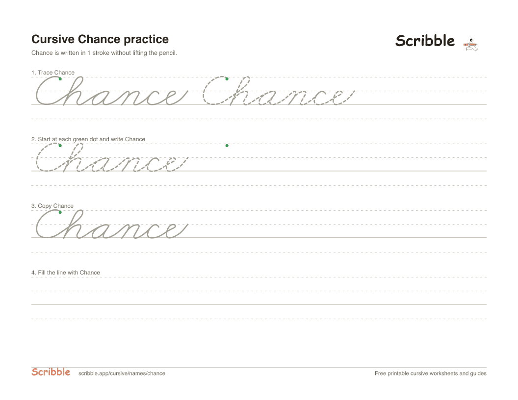 Preview of the printable Chance in cursive worksheet: trace, copy, and practice rows