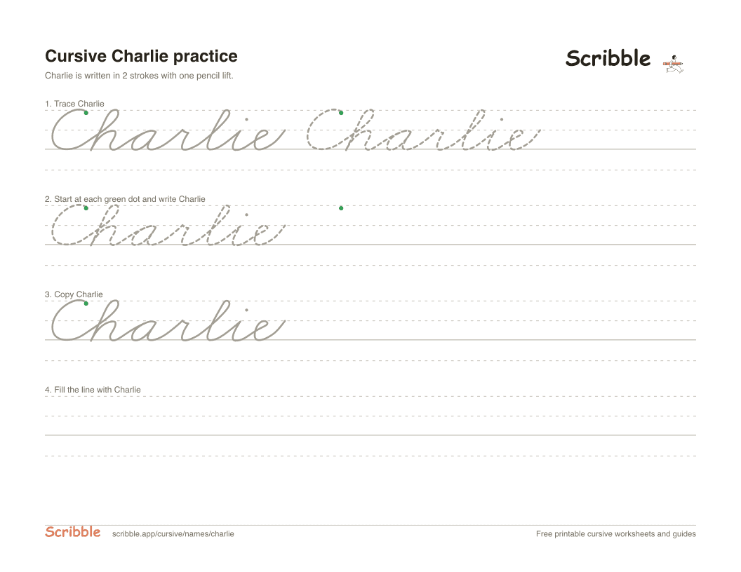 Preview of the printable Charlie in cursive worksheet: trace, copy, and practice rows