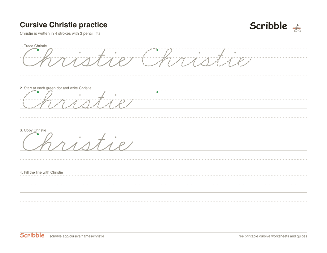Preview of the printable Christie in cursive worksheet: trace, copy, and practice rows