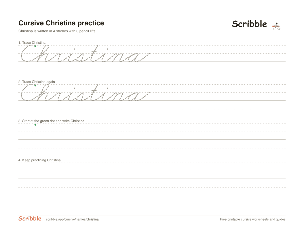Preview of the printable Christina in cursive worksheet: trace, copy, and practice rows