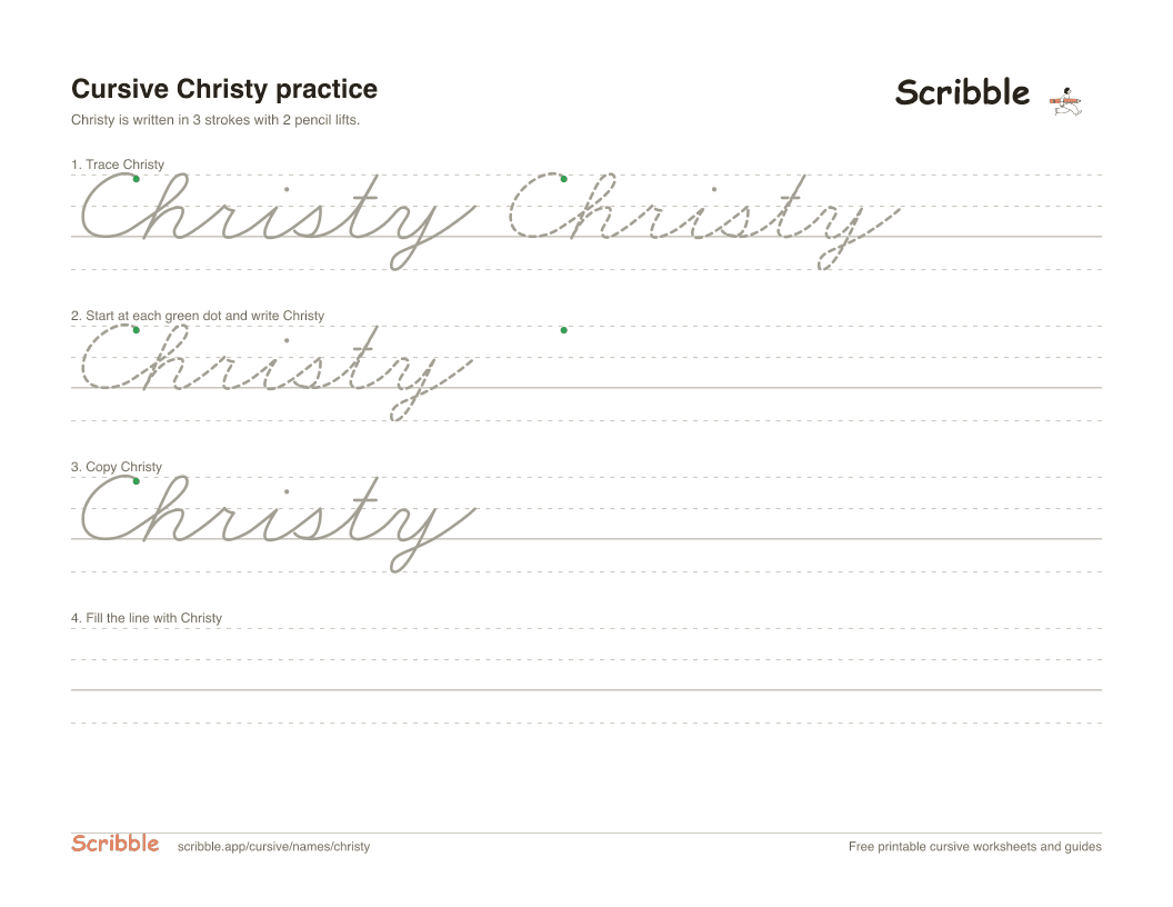 Preview of the printable Christy in cursive worksheet: trace, copy, and practice rows