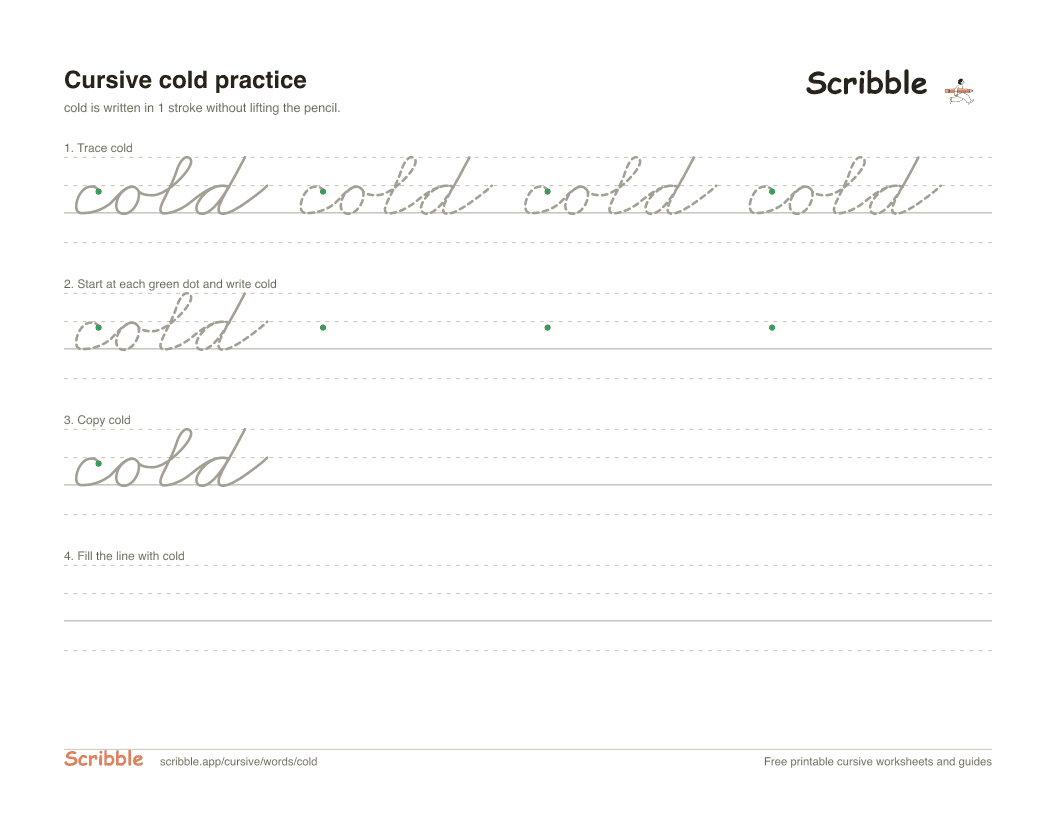 Preview of the printable cold in cursive worksheet: trace, copy, and practice rows