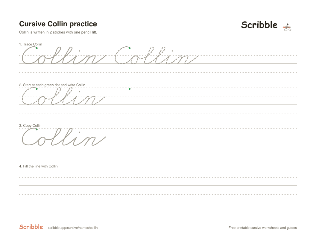 Preview of the printable Collin in cursive worksheet: trace, copy, and practice rows