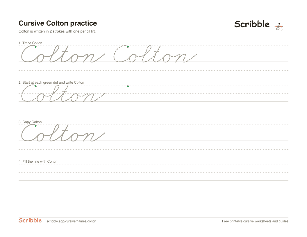 Preview of the printable Colton in cursive worksheet: trace, copy, and practice rows