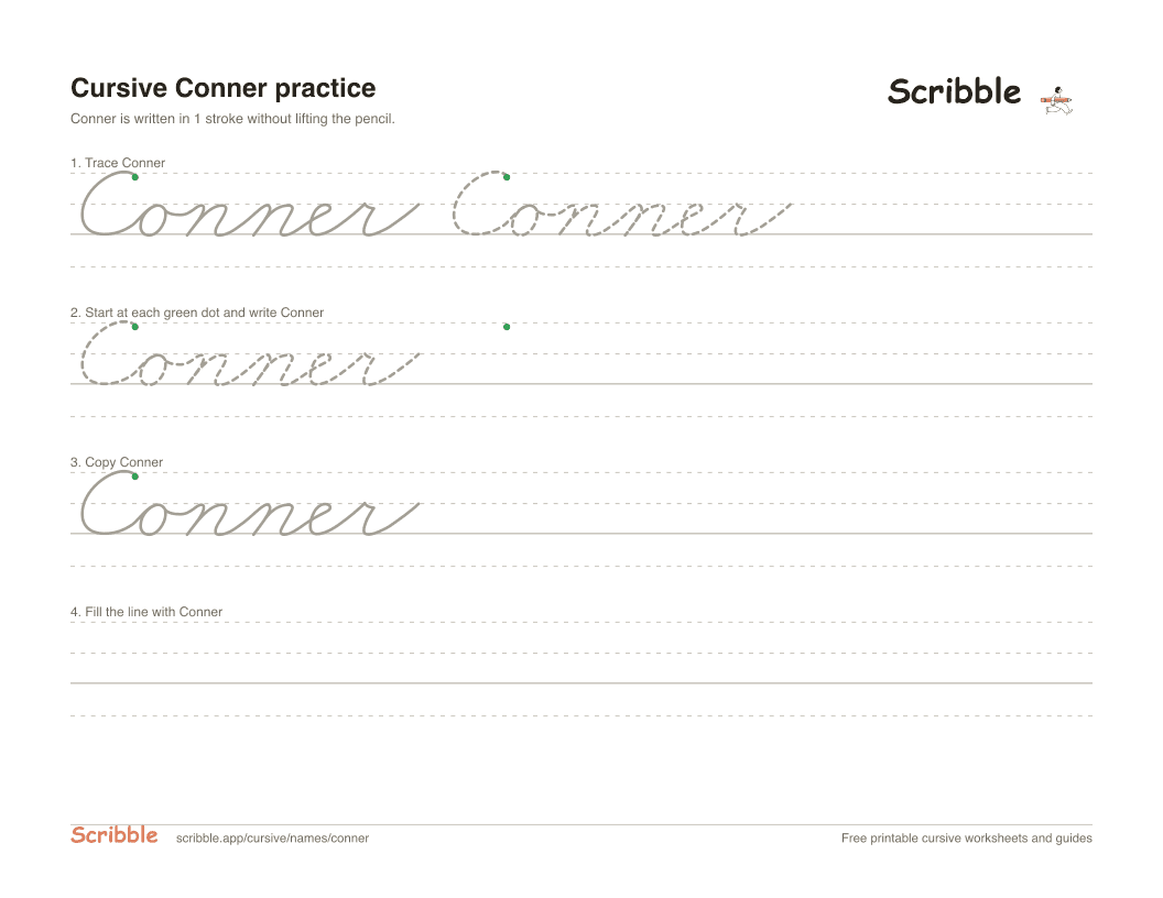 Preview of the printable Conner in cursive worksheet: trace, copy, and practice rows
