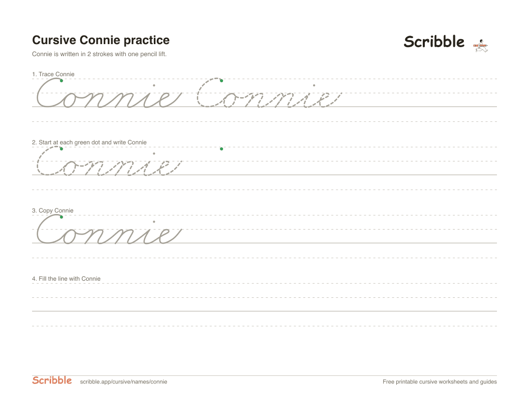 Preview of the printable Connie in cursive worksheet: trace, copy, and practice rows