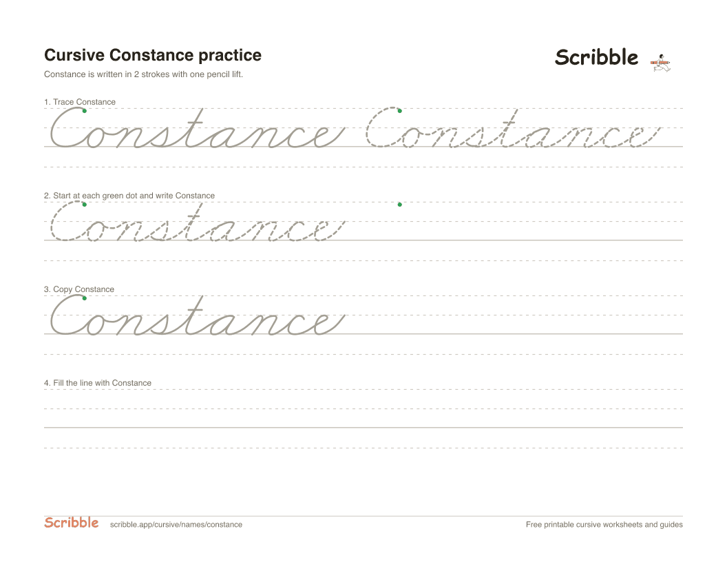 Preview of the printable Constance in cursive worksheet: trace, copy, and practice rows
