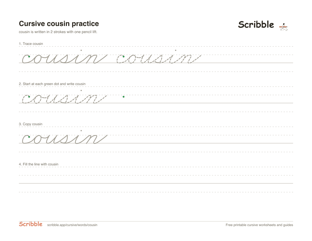 Preview of the printable cousin in cursive worksheet: trace, copy, and practice rows