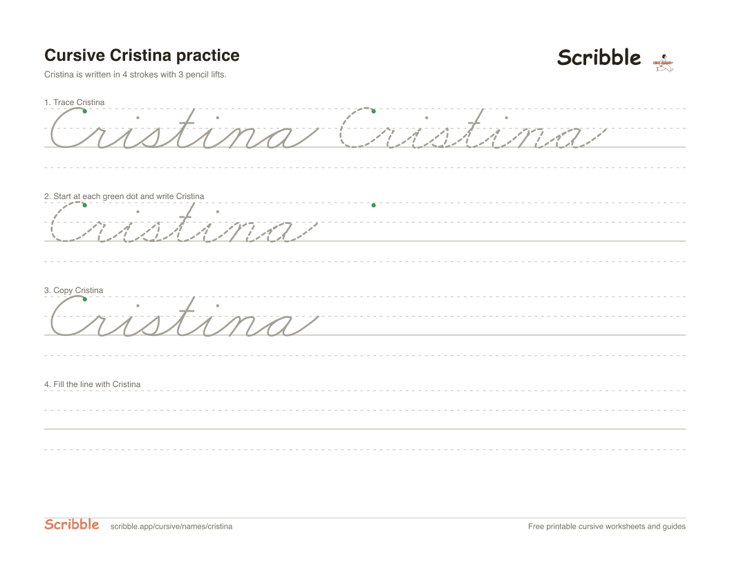 Preview of the printable Cristina in cursive worksheet: trace, copy, and practice rows