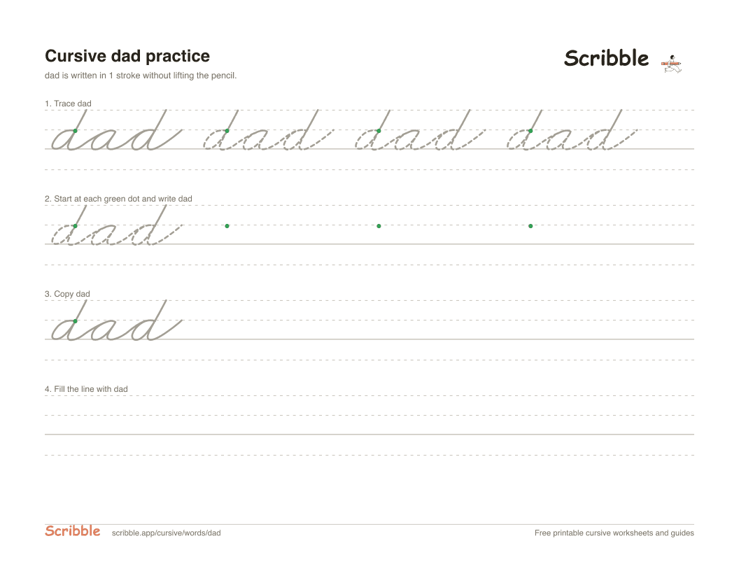 Preview of the printable dad in cursive worksheet: trace, copy, and practice rows