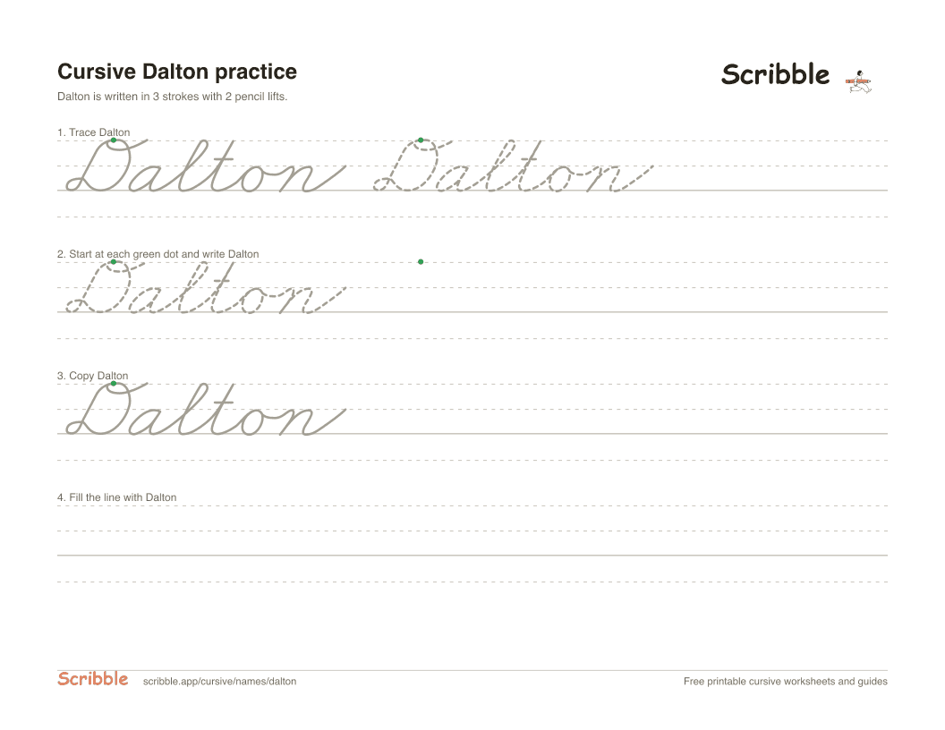 Preview of the printable Dalton in cursive worksheet: trace, copy, and practice rows