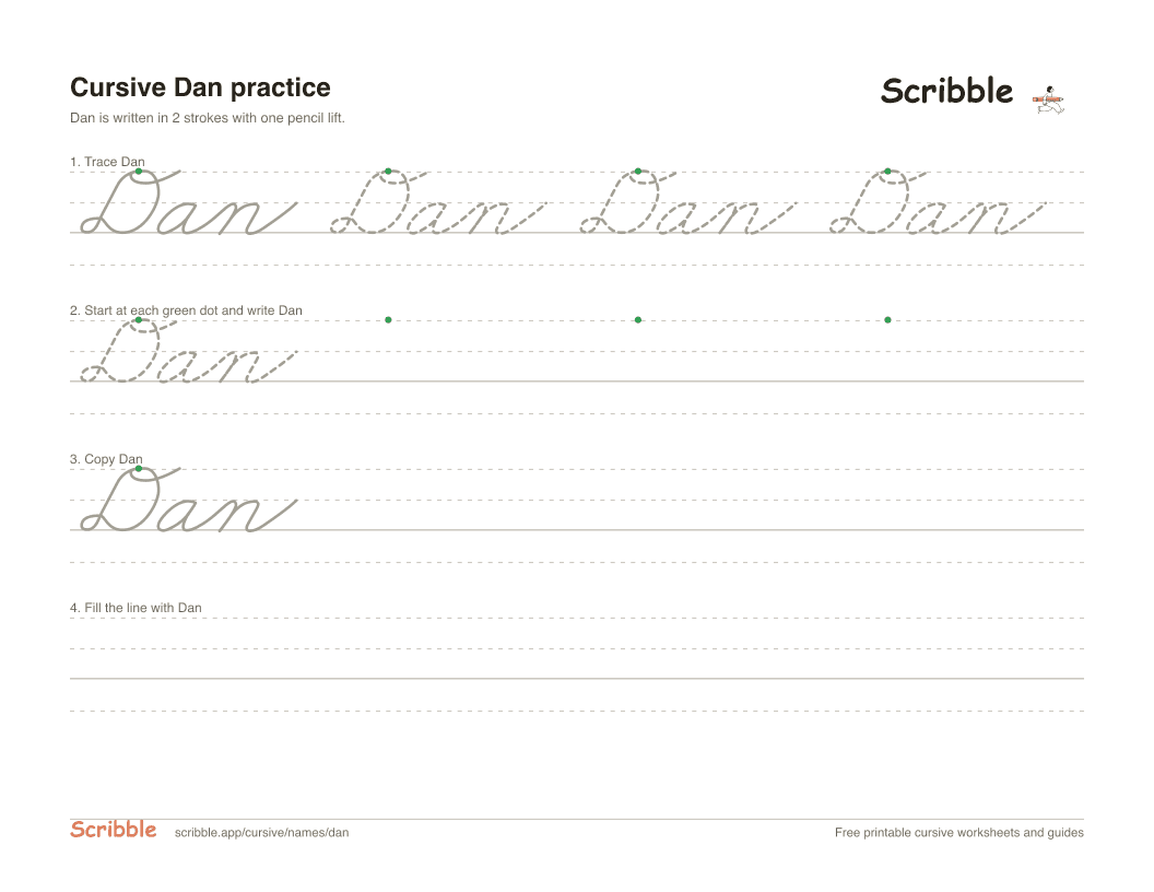 Preview of the printable Dan in cursive worksheet: trace, copy, and practice rows