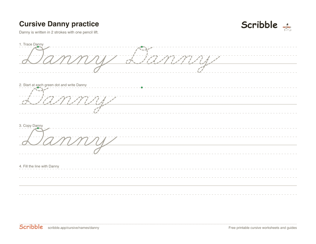 Preview of the printable Danny in cursive worksheet: trace, copy, and practice rows