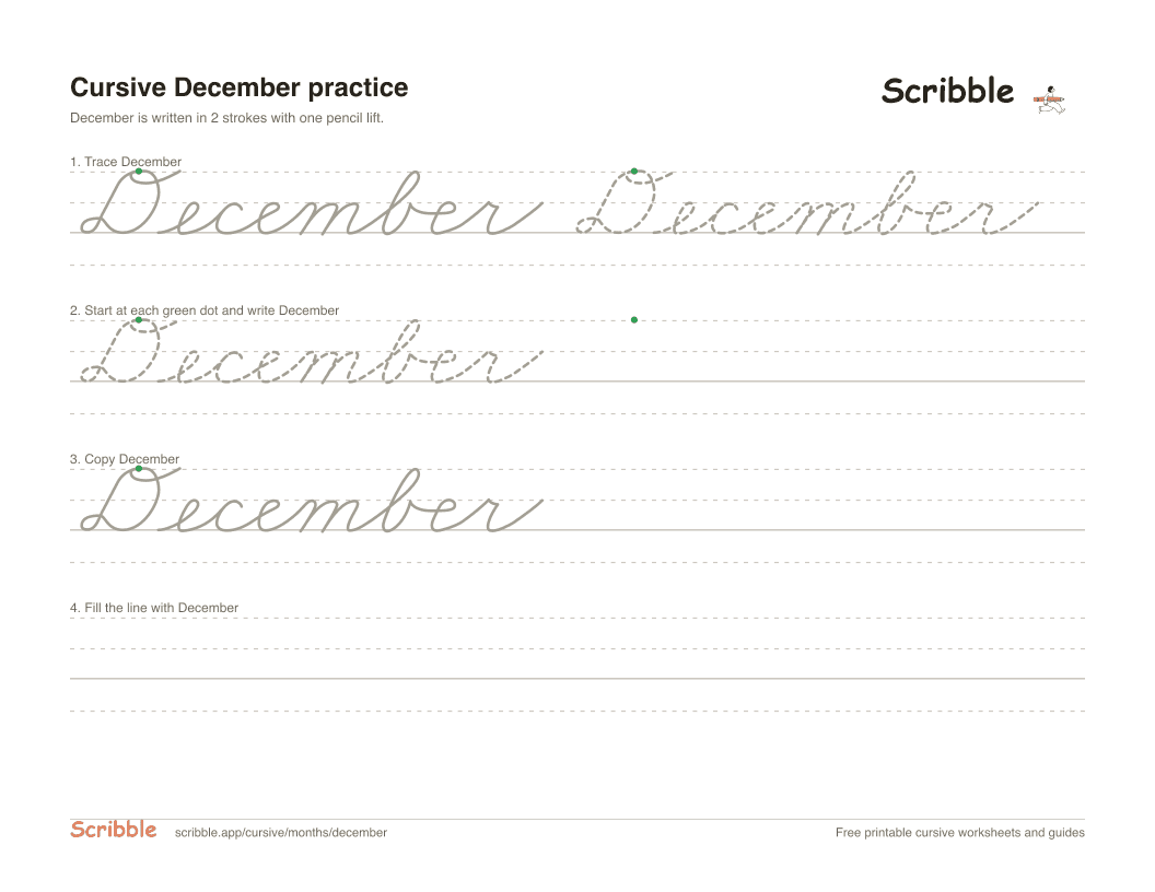 Preview of the printable December in cursive worksheet: trace, copy, and practice rows