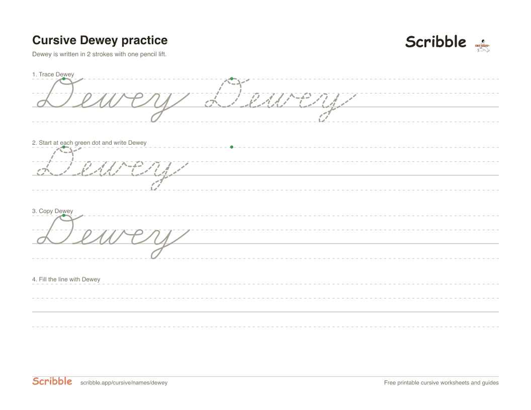 Preview of the printable Dewey in cursive worksheet: trace, copy, and practice rows