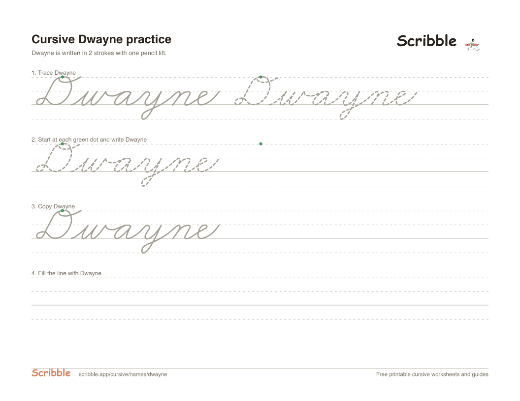 Preview of the printable Dwayne in cursive worksheet: trace, copy, and practice rows