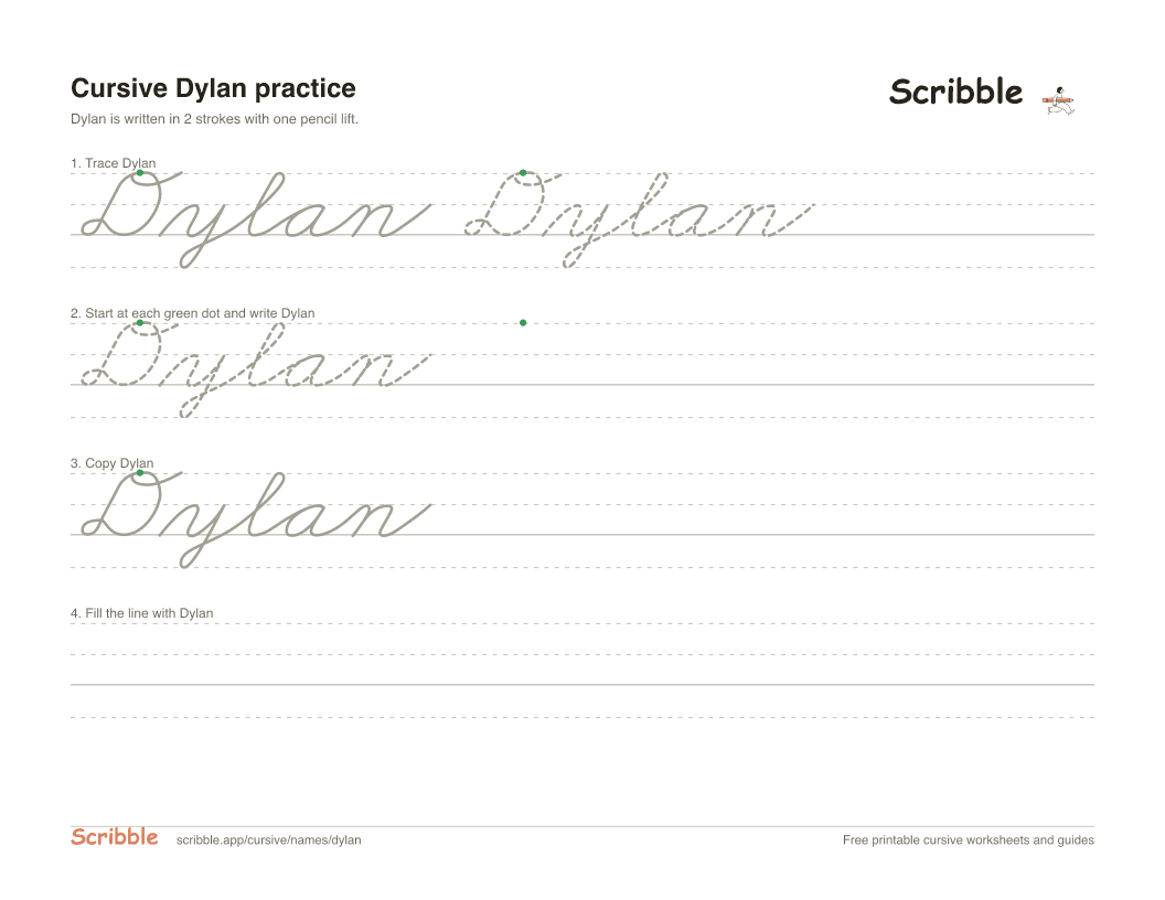 Preview of the printable Dylan in cursive worksheet: trace, copy, and practice rows