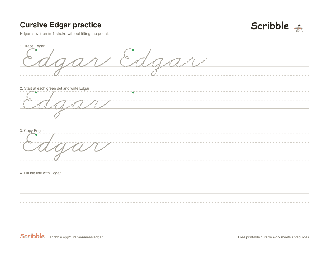 Preview of the printable Edgar in cursive worksheet: trace, copy, and practice rows