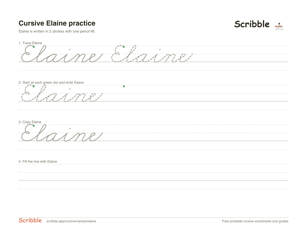 Preview of the printable Elaine in cursive worksheet: trace, copy, and practice rows