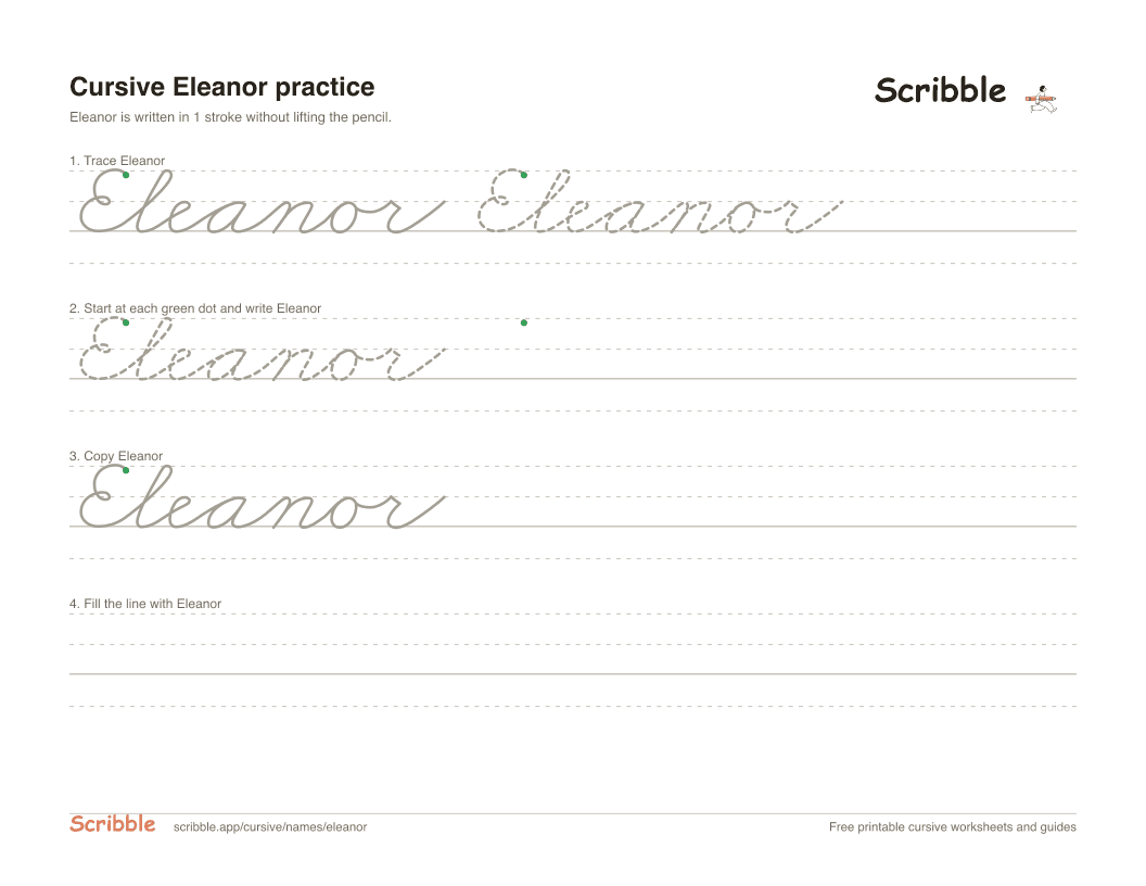 Preview of the printable Eleanor in cursive worksheet: trace, copy, and practice rows