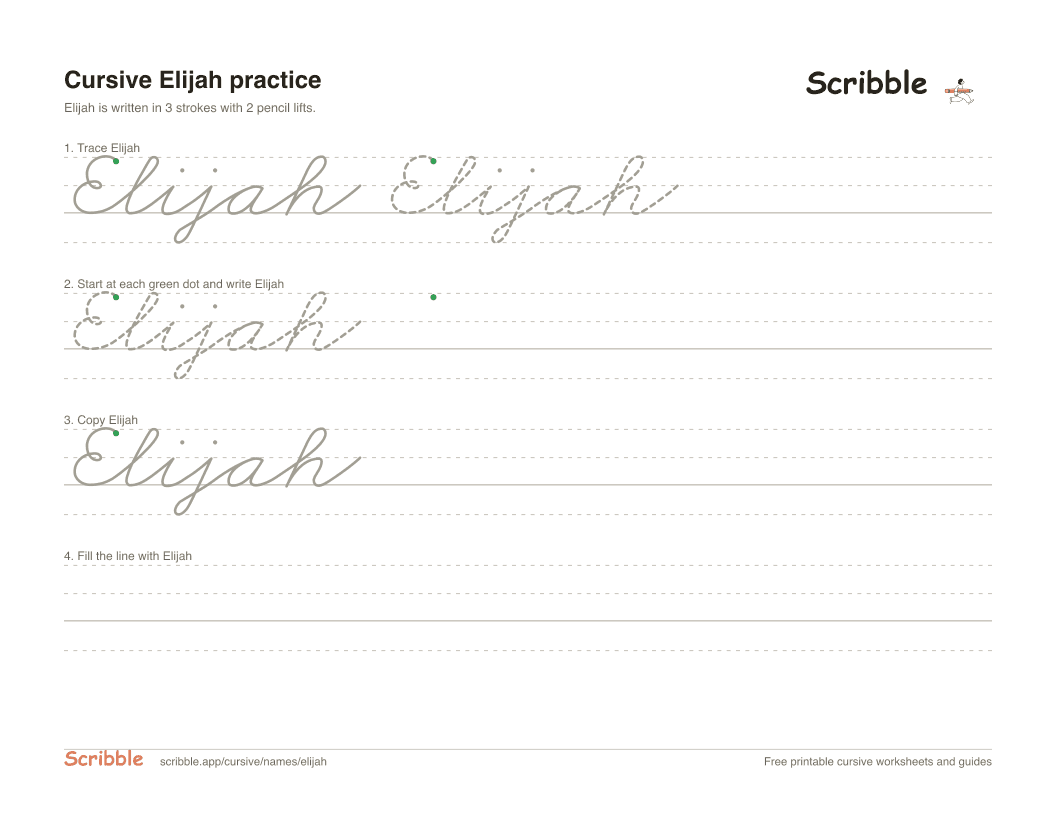 Preview of the printable Elijah in cursive worksheet: trace, copy, and practice rows