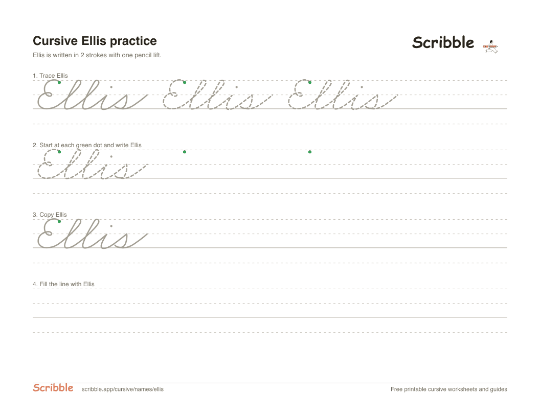 Preview of the printable Ellis in cursive worksheet: trace, copy, and practice rows