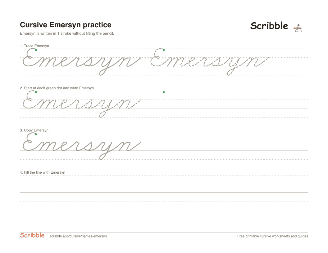 Preview of the printable Emersyn in cursive worksheet: trace, copy, and practice rows