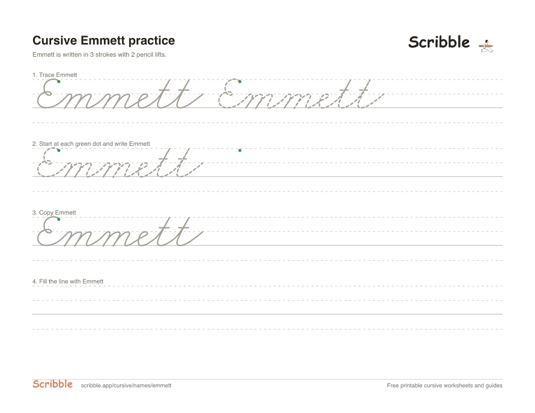 Preview of the printable Emmett in cursive worksheet: trace, copy, and practice rows