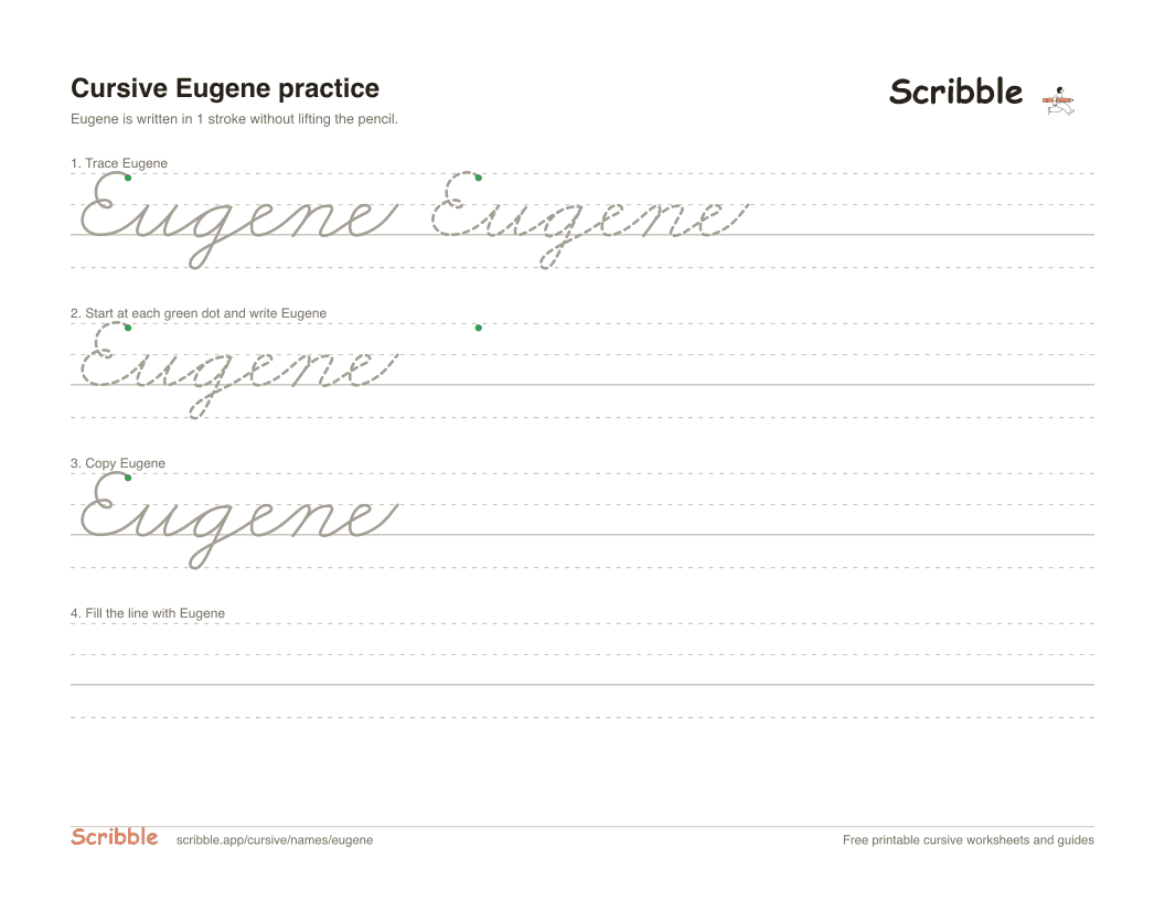 Preview of the printable Eugene in cursive worksheet: trace, copy, and practice rows