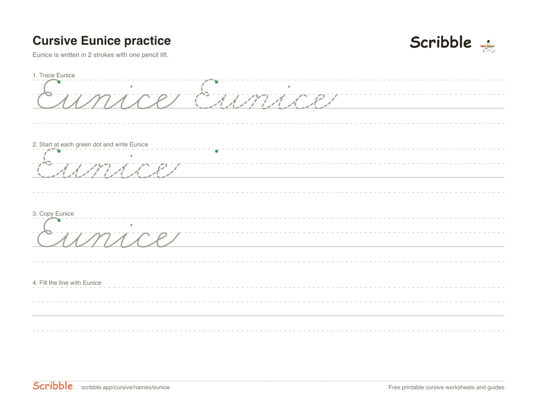 Preview of the printable Eunice in cursive worksheet: trace, copy, and practice rows