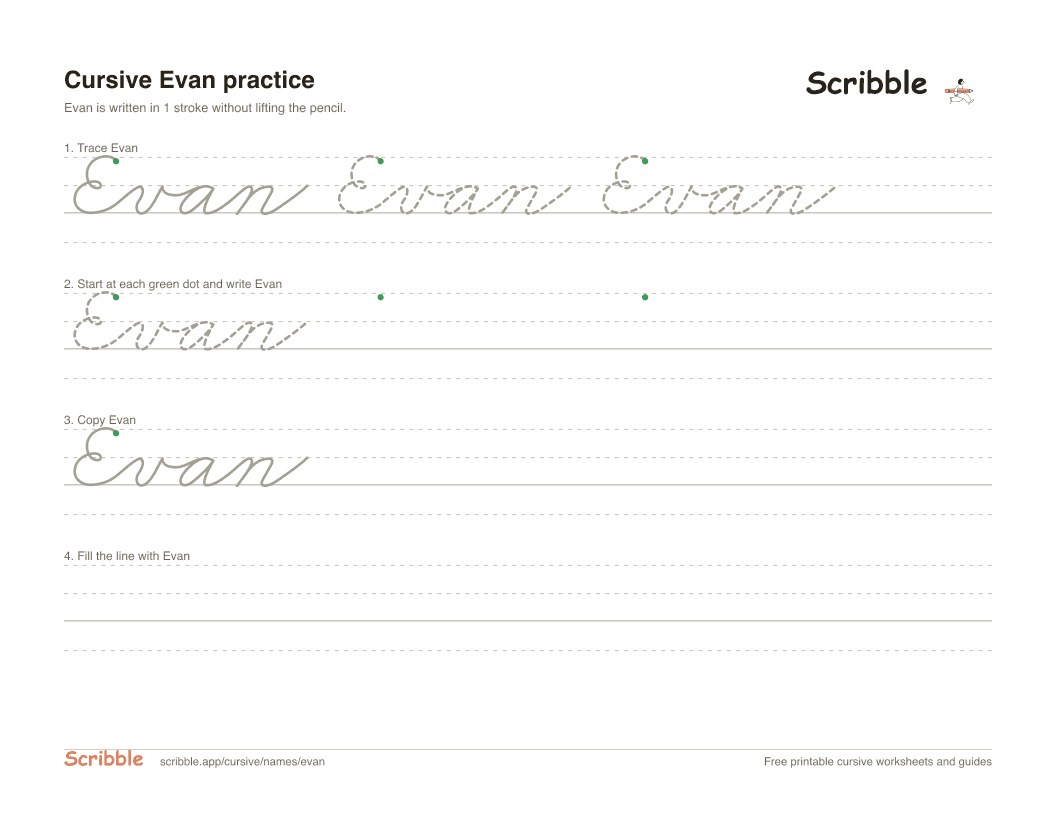 Preview of the printable Evan in cursive worksheet: trace, copy, and practice rows