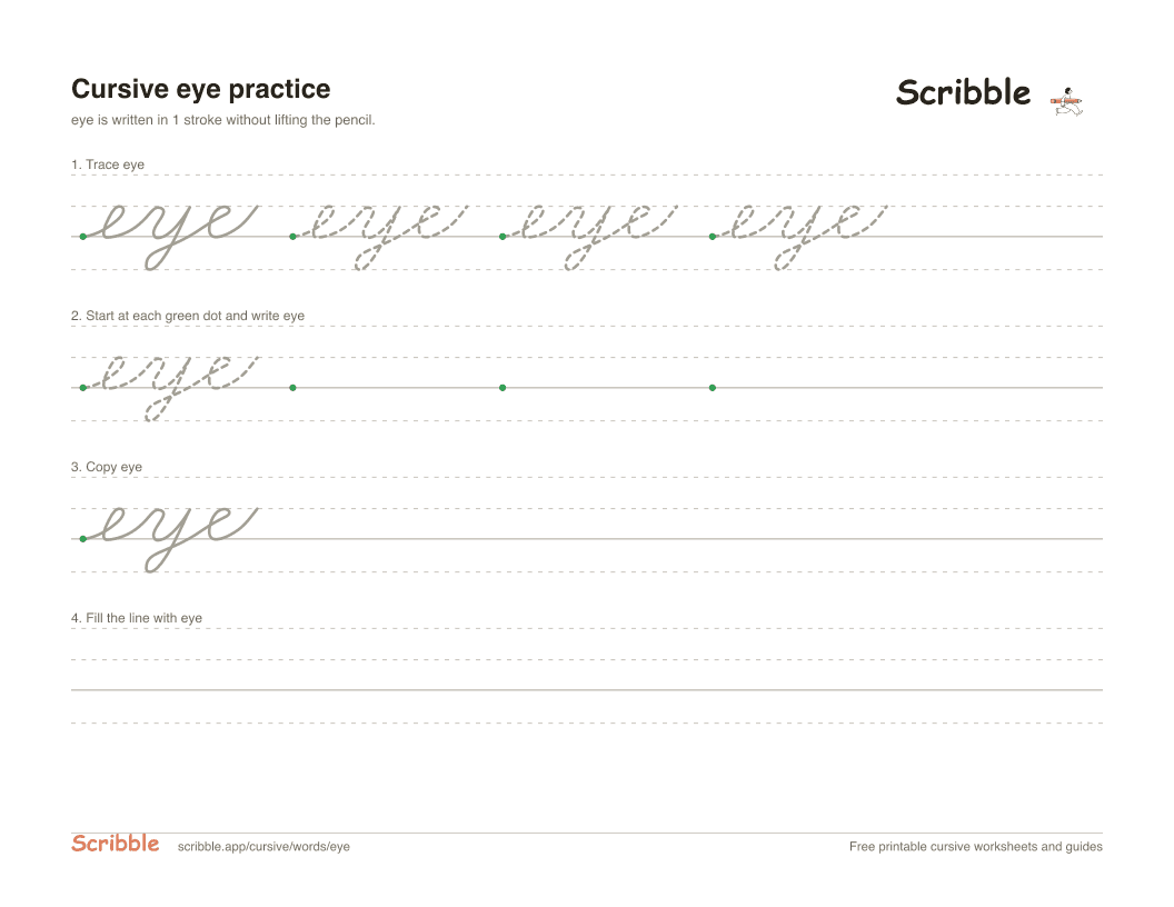 Preview of the printable eye in cursive worksheet: trace, copy, and practice rows