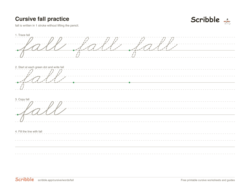 Preview of the printable fall in cursive worksheet: trace, copy, and practice rows