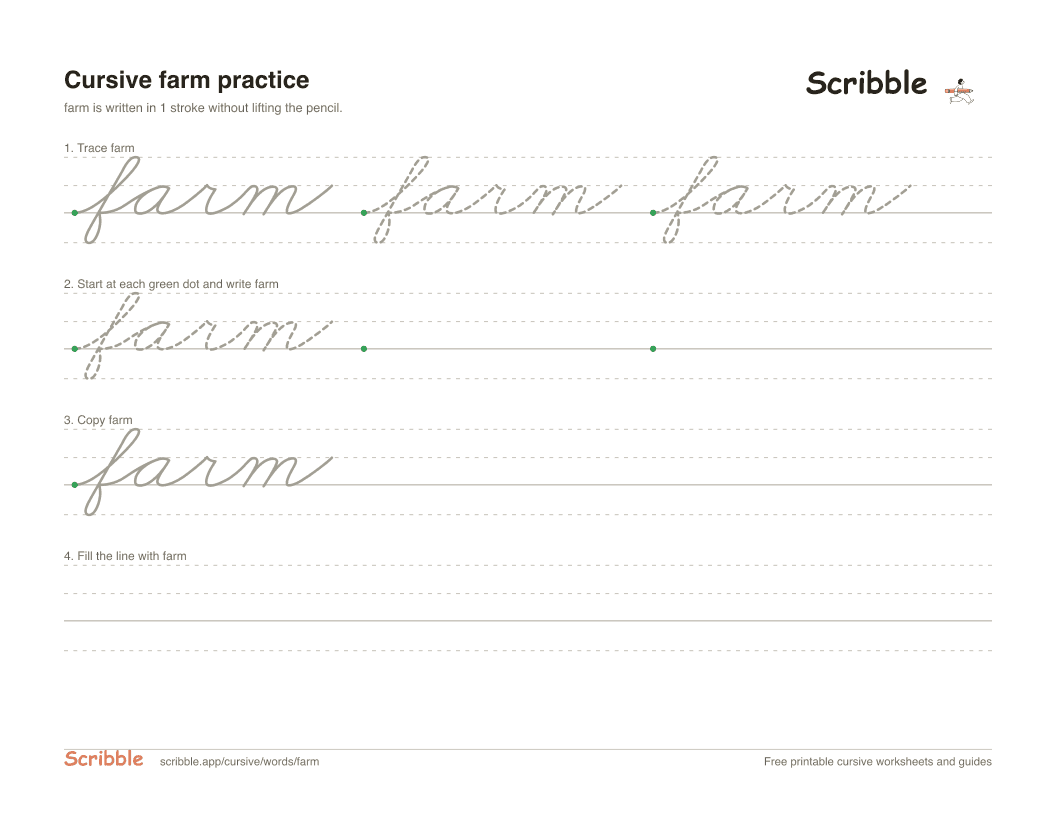 Preview of the printable farm in cursive worksheet: trace, copy, and practice rows