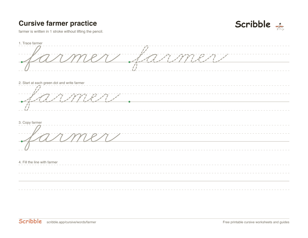 Preview of the printable farmer in cursive worksheet: trace, copy, and practice rows