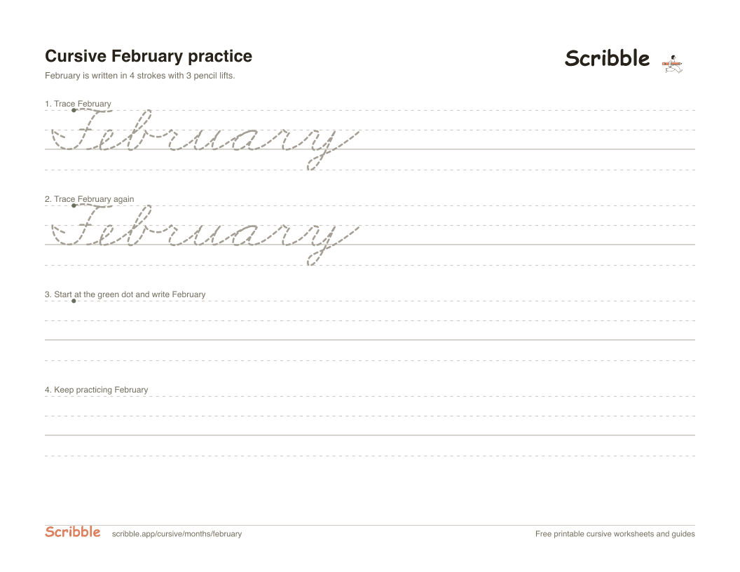 Preview of the printable February in cursive worksheet: trace, copy, and practice rows