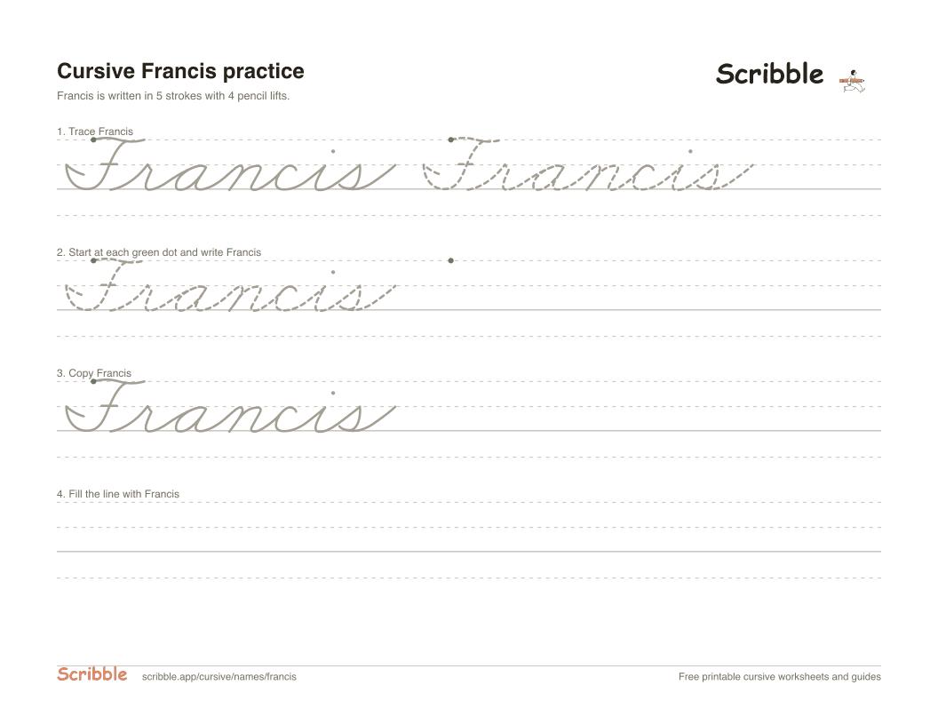 Preview of the printable Francis in cursive worksheet: trace, copy, and practice rows