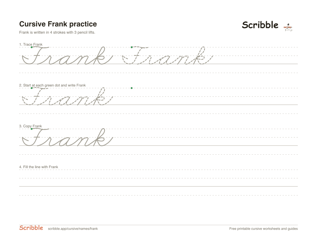 Preview of the printable Frank in cursive worksheet: trace, copy, and practice rows