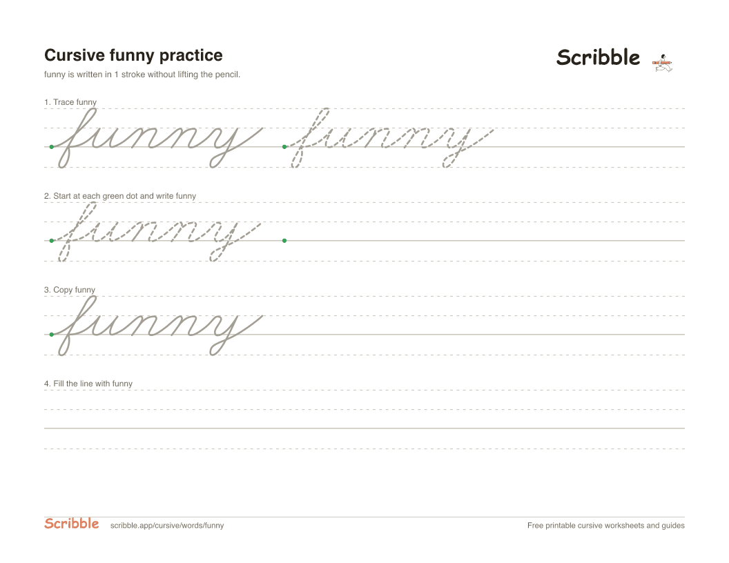 Preview of the printable funny in cursive worksheet: trace, copy, and practice rows