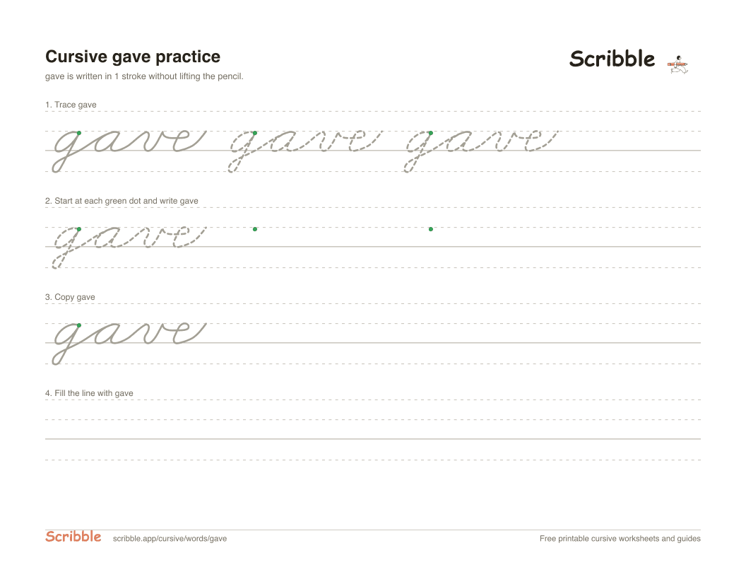 Preview of the printable gave in cursive worksheet: trace, copy, and practice rows