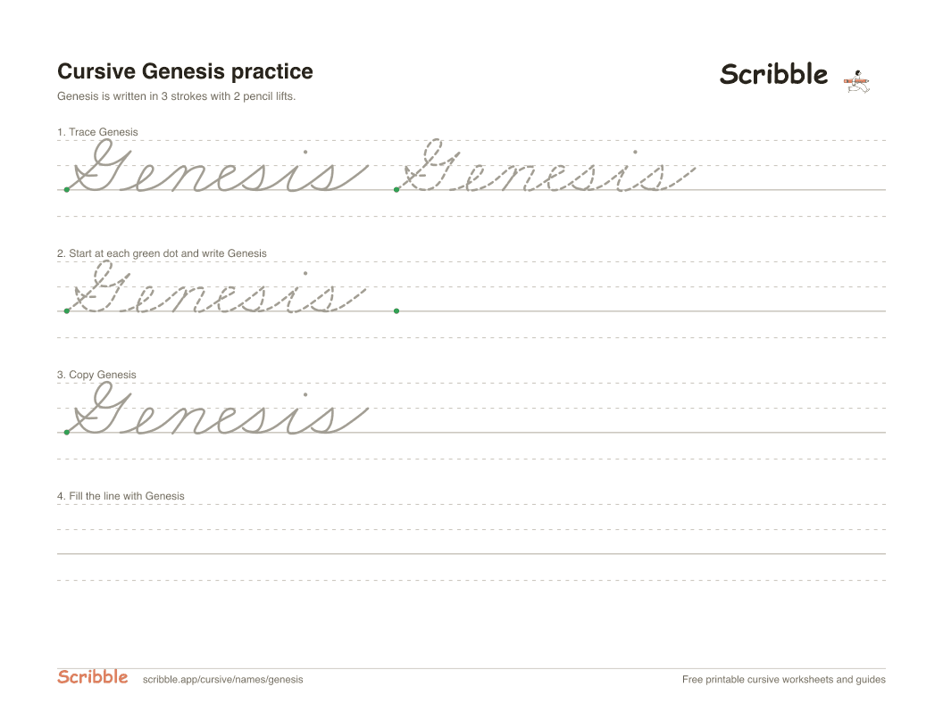 Preview of the printable Genesis in cursive worksheet: trace, copy, and practice rows