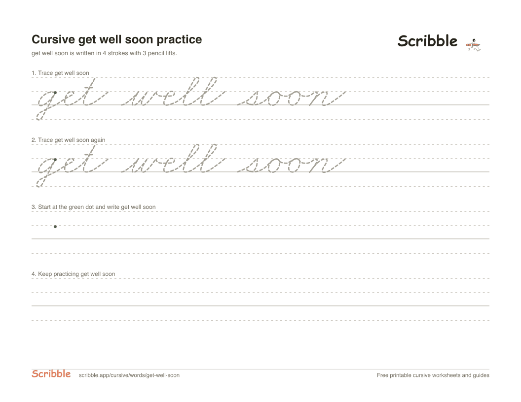 Preview of the printable get well soon in cursive worksheet: trace, copy, and practice rows