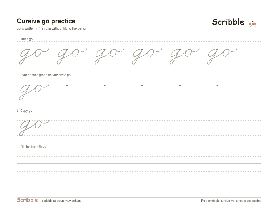 Preview of the printable go in cursive worksheet: trace, copy, and practice rows