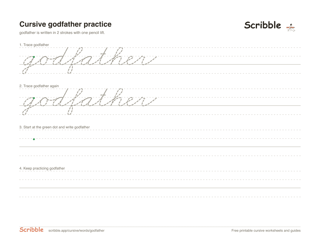 Preview of the printable godfather in cursive worksheet: trace, copy, and practice rows