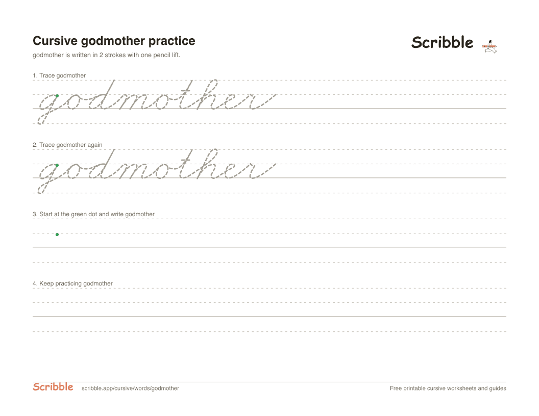 Preview of the printable godmother in cursive worksheet: trace, copy, and practice rows