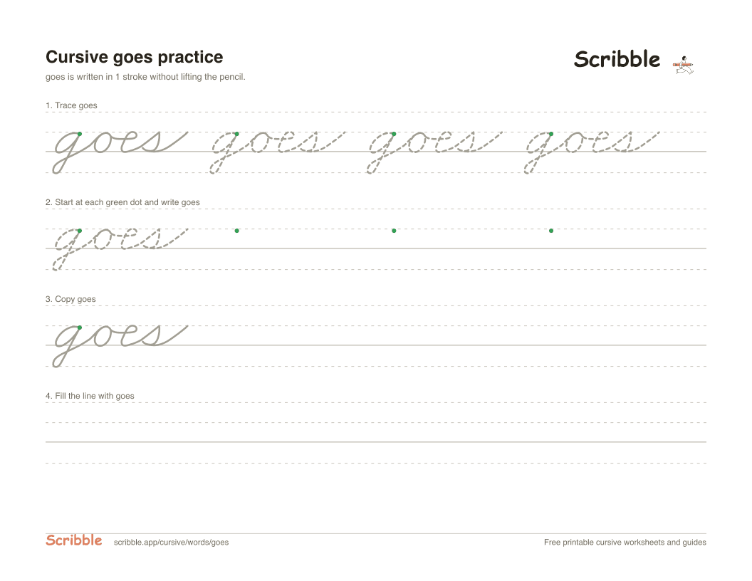 Preview of the printable goes in cursive worksheet: trace, copy, and practice rows