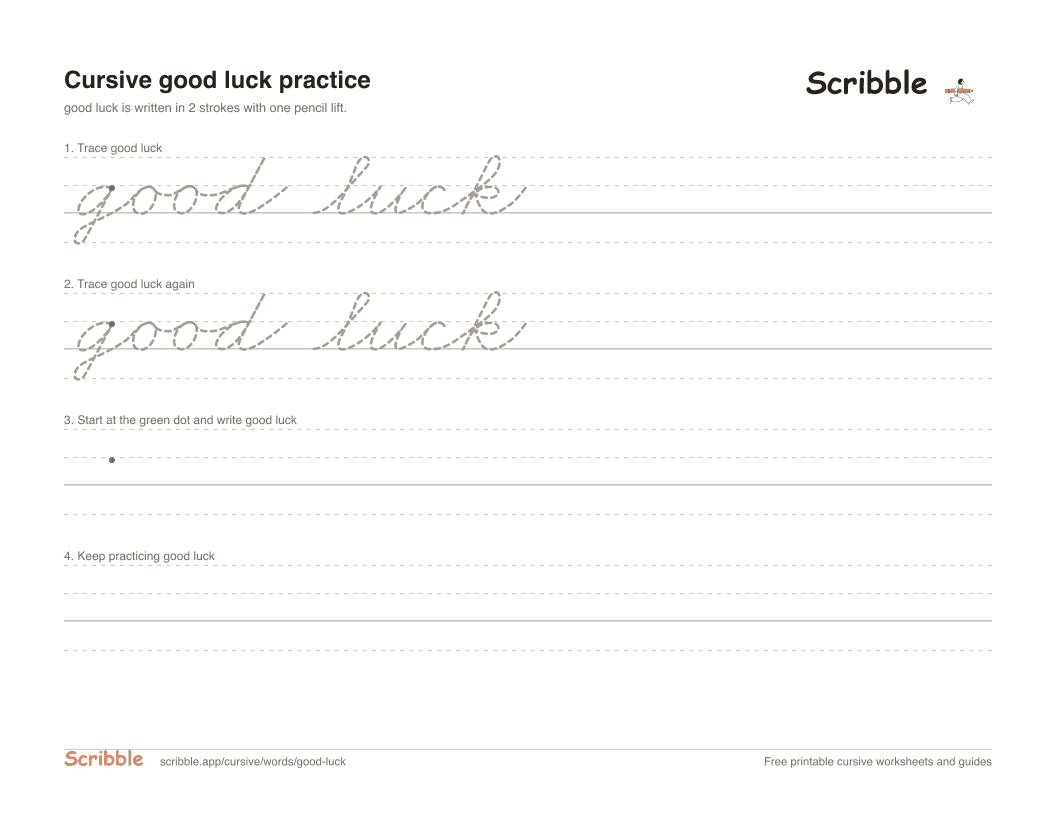 Preview of the printable good luck in cursive worksheet: trace, copy, and practice rows